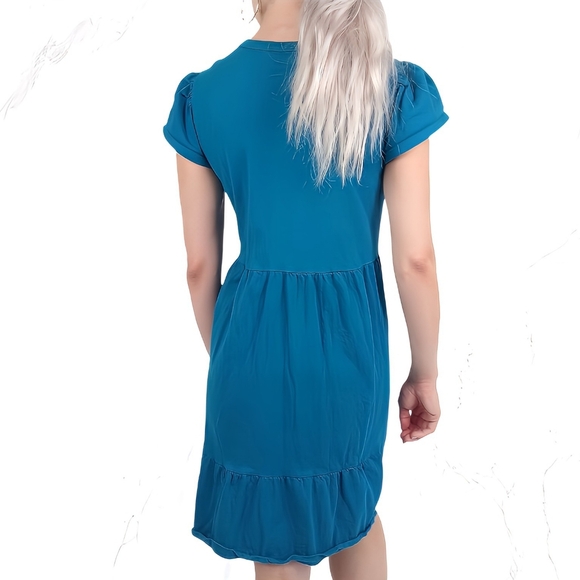 Time and Tru Short Sleeve Tiered Dress Pockets S A-Line Mini-Length Blue/Teal - Picture 3 of 6